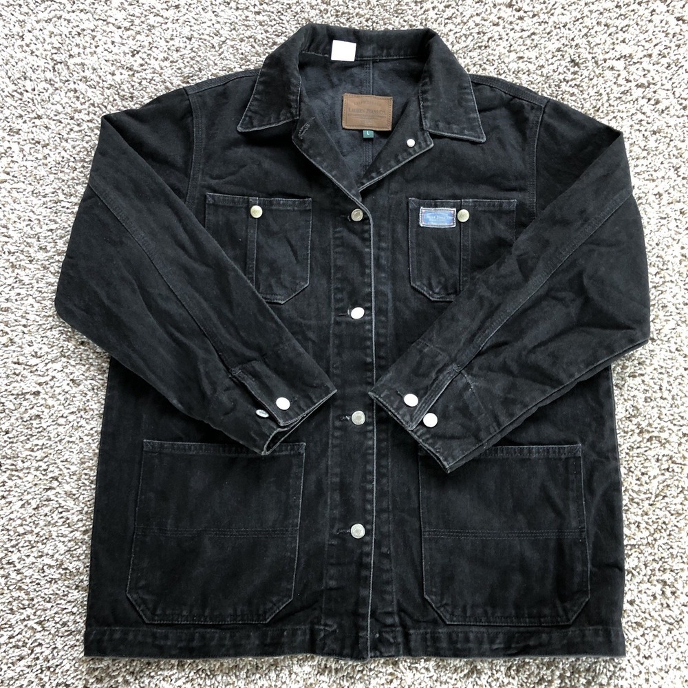 Ralph Lauren Jeans Co Chore Jacket Womens L Black Denim Trucker Coat Vintage Y2K
